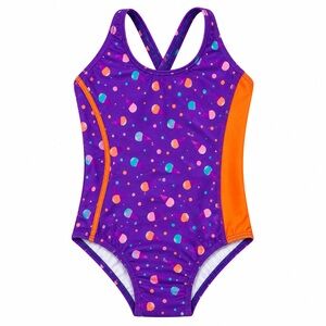 Girls' Purple One-Piece Swimsuit with Orange Side Panels